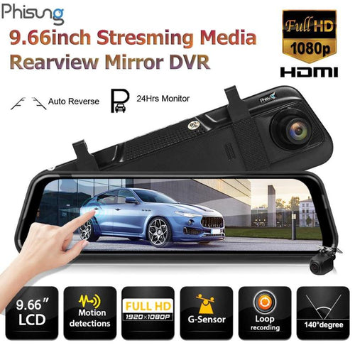 Phisung H60 Car DVR Camera 9.66 inch IPS Rearview Mirror 1080p+720p Dual Lens Night Vision Dash Cam Video Recorder DVR Camera