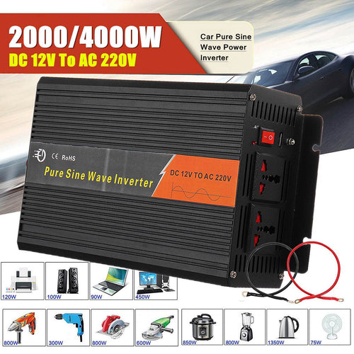 2000/4000W Car Pure Sine Wave Power Inverter DC 12V To AC 220V Charger Converter Voltage Transformer Fully Functional 28x17x9cm