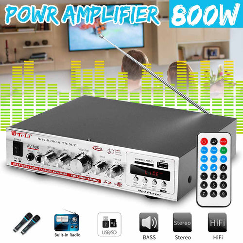 800W 12V Car Amplificador Stereo Power Audio Amplifier FM Radio 2CH SD USB HIFI 220V Home Theater Amplifier No Support bluetooth