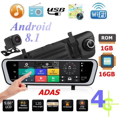 9.66 Inch 4G Android 8.1 Car Rearview Mirror DVR Camera GPS Navi Dash Cam Double lens G-sensor/Bluetooth/WiFi /ADAS Function Hot