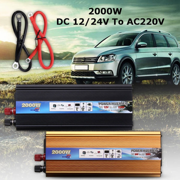 2000W 12/24V DC To 220V AC USB Solar Power Inverter Car Modified Sine Wave Converter With Adapter Wire (Color:gold/black)